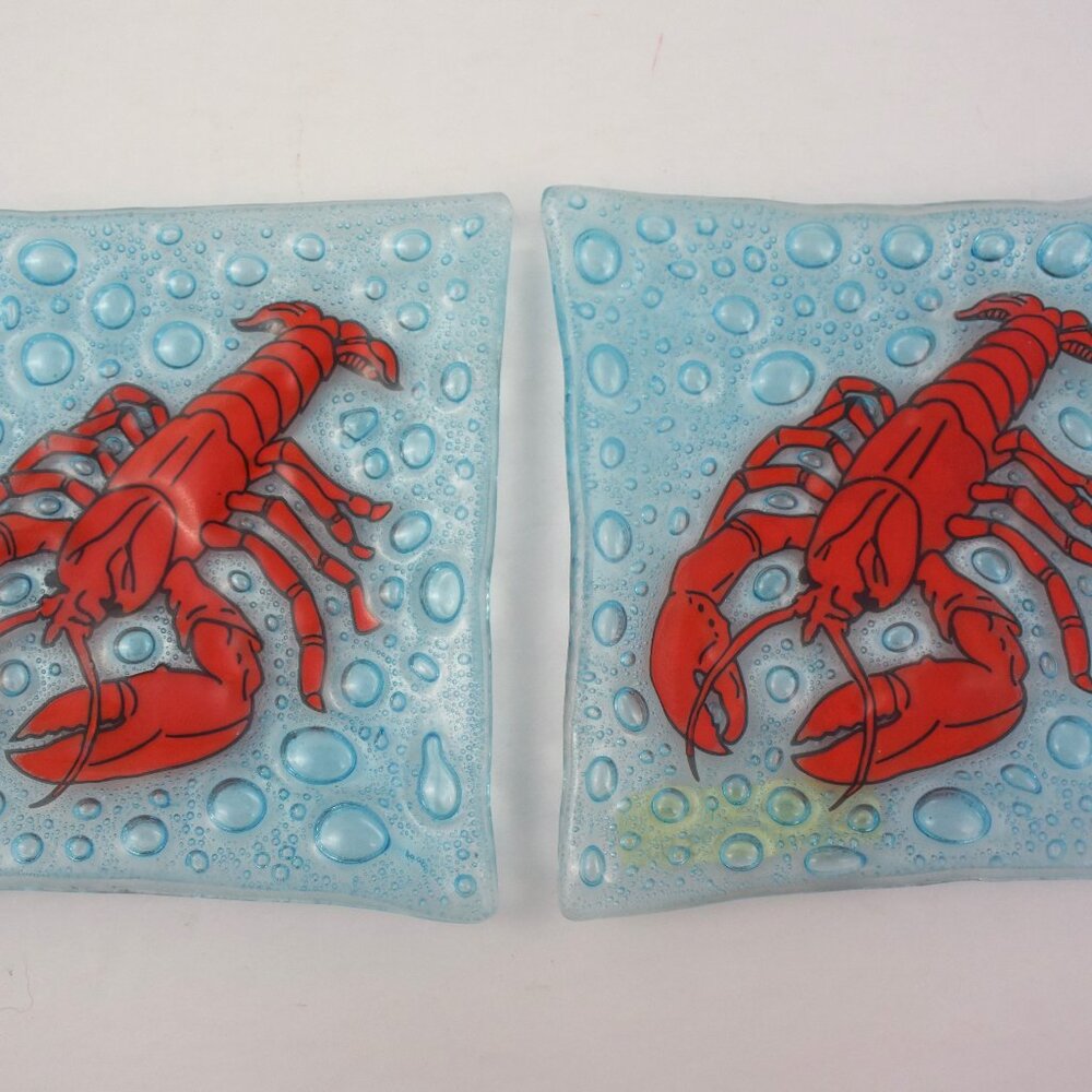 Pair Handcrafted Fused Glass Dishes/Trinket Trays Lobster Design Made in Ecuador